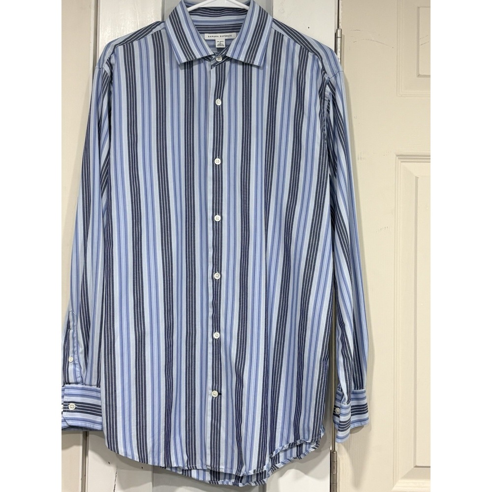 Banana Republic Men's L 16–16.5 Blue Striped Cotton Long Sleeve Button Up Shirt